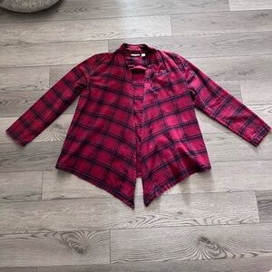 LL Bean Red Flannel with Navy Blue Plaid Open Front Over Shirt 100% Cotton